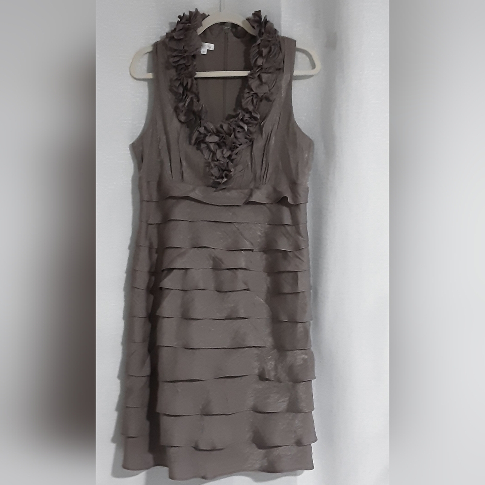 London Times Sleeveless Ruffle Neck Midi Dress in Brown-Gold Size 14